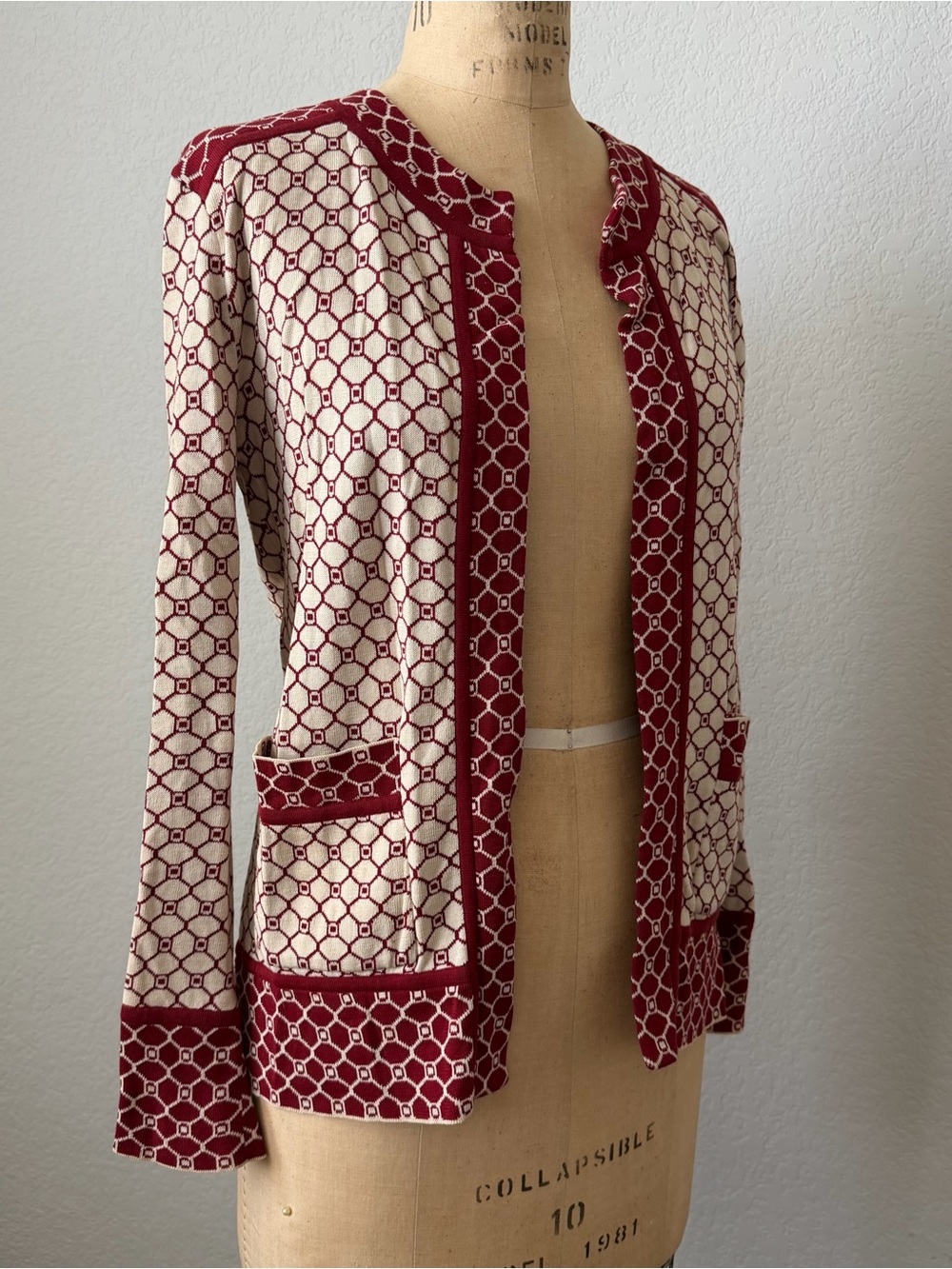 Raoul Red and Ivory Geometric Knit Crew Neck Sweater